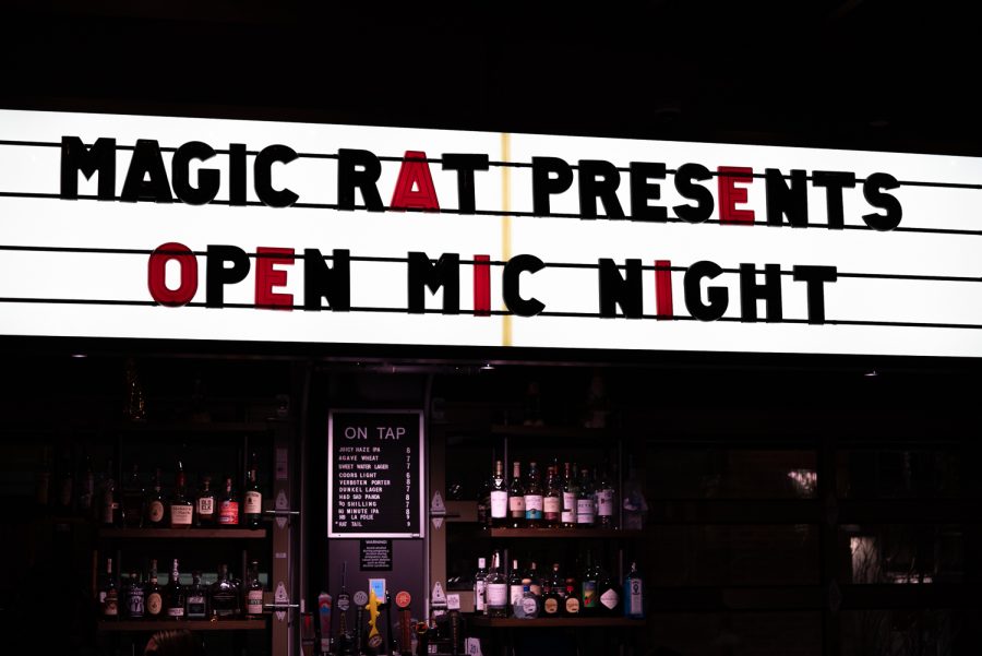 The bar of The Magic Rat showcases the nights entertainment in lights at the Elizabeth Hotel Jan 26. The open mic event was hosted by K Colorado State University radio station partnered with Land of Bands.