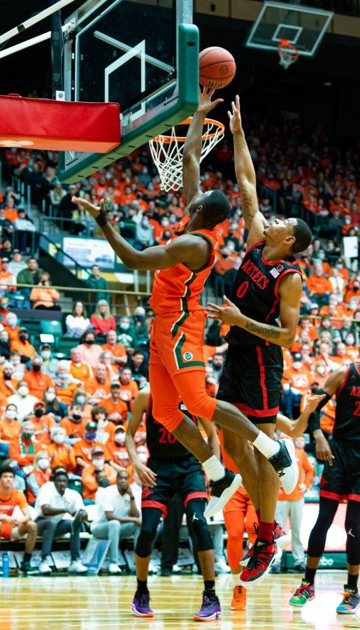 Chandler Jackobs (13) goes for a rebound during the Colorado State basketball game vs San Diego State University