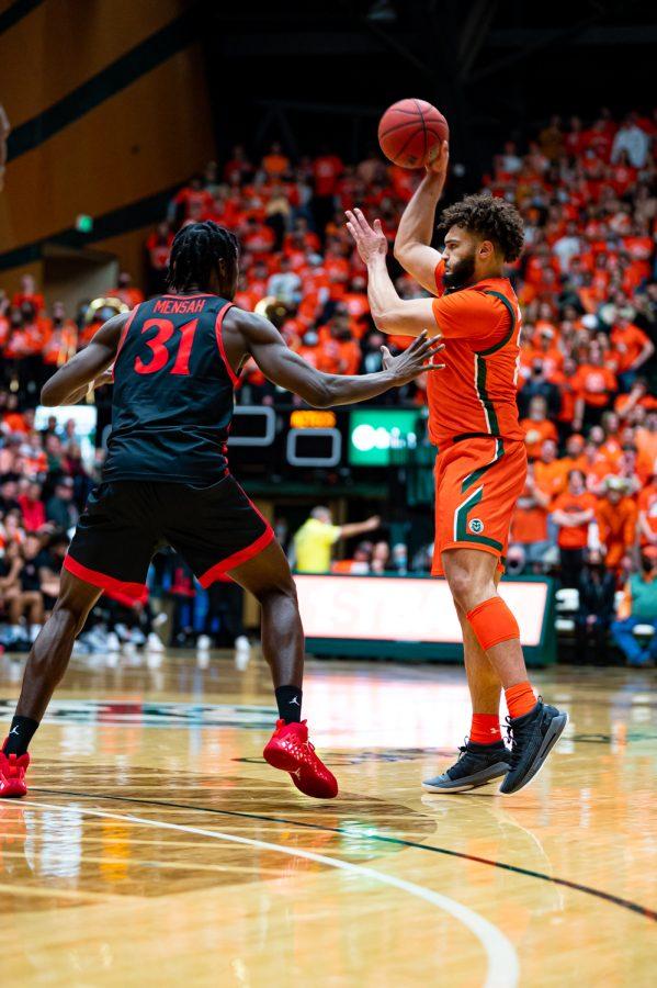 David Roddy (21) passes the ball during the Sold Out Colorado State basketball game vs San Diego State University Feb. 4. CSU wins 58-57.