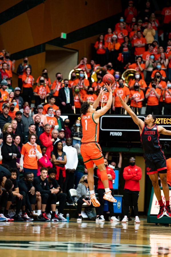 John Tonje (1) shoots a Three-point shot during the Colorado State basketball game vs San Diego State University