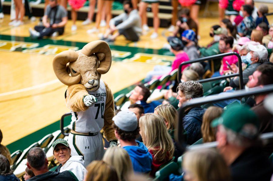 Cam points at crowd members during the CSU basketball game vs University of Wyoming at Moby Arena