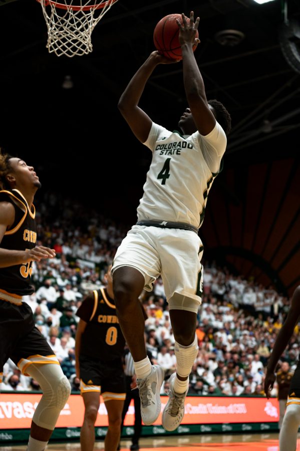 Isaiah Stevens (4) jumps for a shot during the CSU basketball game vs University of Wyoming at Moby Arena