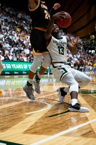 Chander Jacobs (13) makes a move during the CSU basketball game vs University of Wyoming at Moby Arena