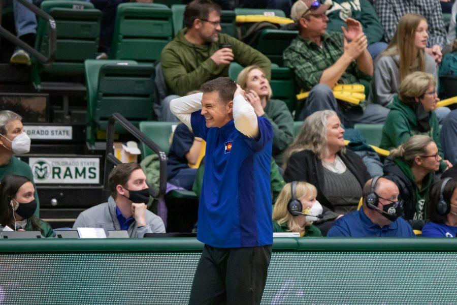 CSU women's basketball head coach Ryun Williams getting frustrated after the referees make a controversial call during the CSU vs San Diego State University game at Moby Arena on Feb. 24.22. CSU loses 61-69.