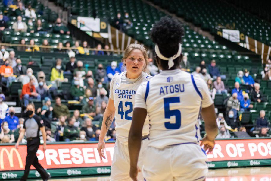Colorado State forward Karly Murphy (42) talks to Guard Upe Atosu (5) after the ball was knocked out of bounds
