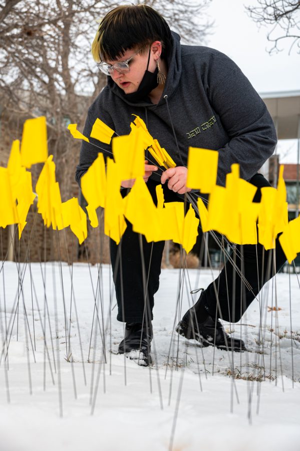 Ori Clark places flags in the ground outside the Lory Student Center at Colorado State University to memorialize Holocaust victims