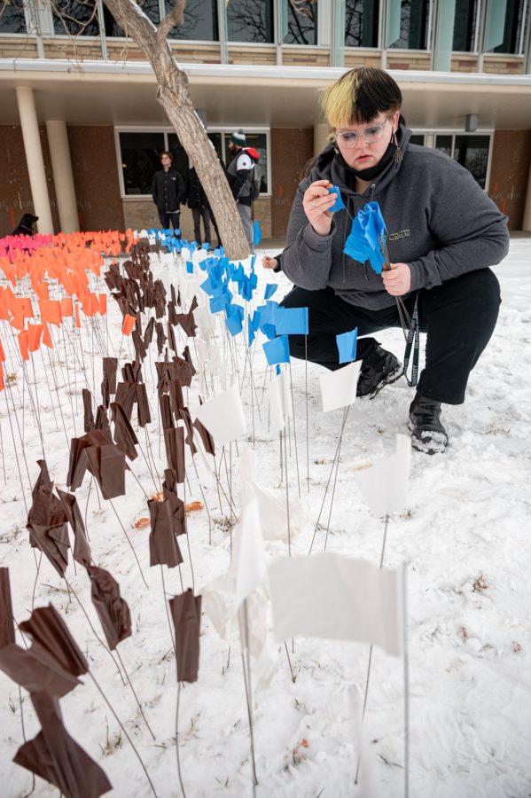 Ori Clark places flags in the ground outside the Lory Student Center at Colorado State University to memorialize Holocaust victims