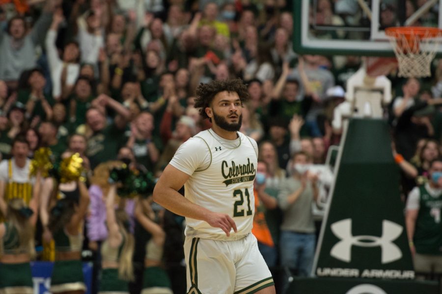 Colorado State guard David Roddy (21) runs back to play defense after hitting a three point shot against the California State University, Fresno Feb. 11, 2022.