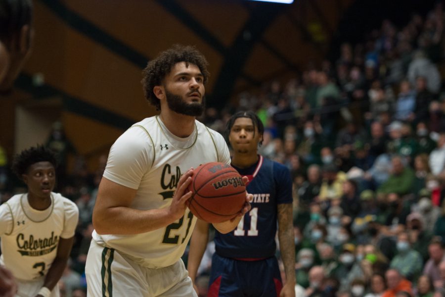 Colorado State guard David Roddy (21) shoots a free throw against California State University, Fresno Feb. 11, 2022.