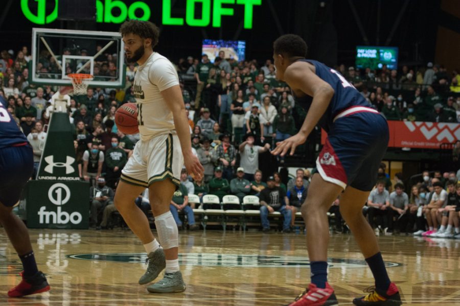 Colorado State guard David Roddy (21) holds the ball at the top of the key Feb. 11 2022 against the California State Bulldogs.