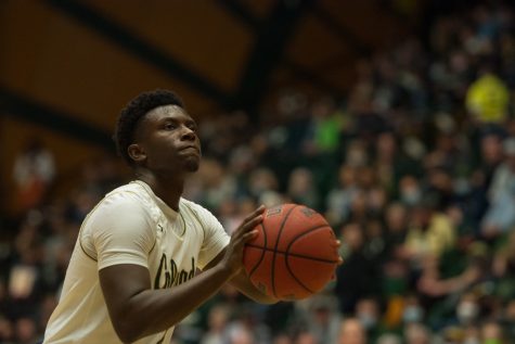 Colorado State guard Isaiah Stevens shoots a free throw during the men's basketball game against California State University, Fresno Feb. 11, 2022.