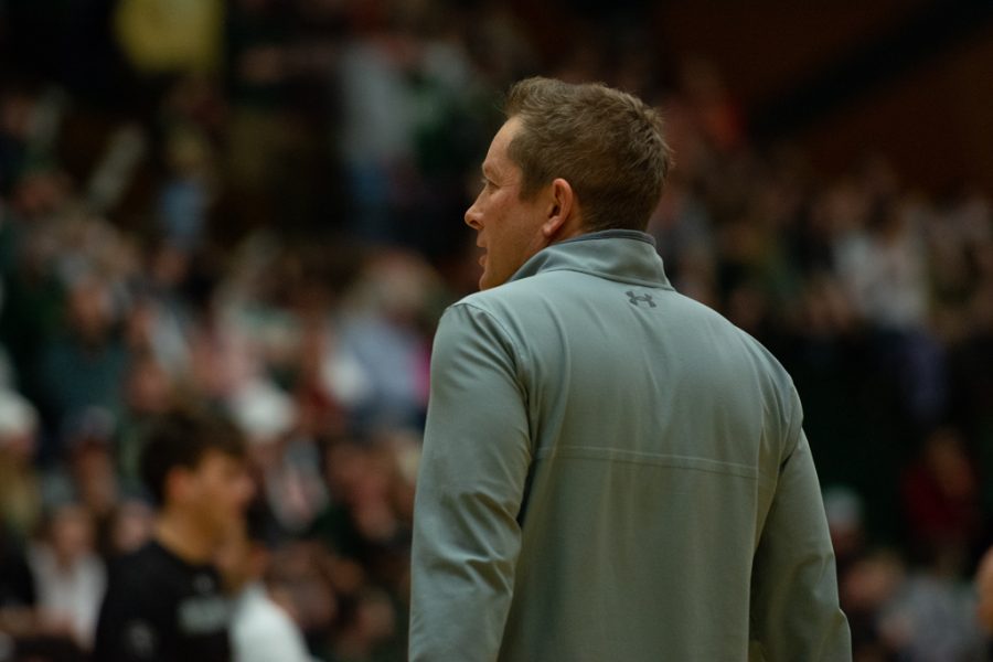 Colorado State men's basketball head coach gives his team instruction during their game against California State University Fresno Feb. 11, 2022.