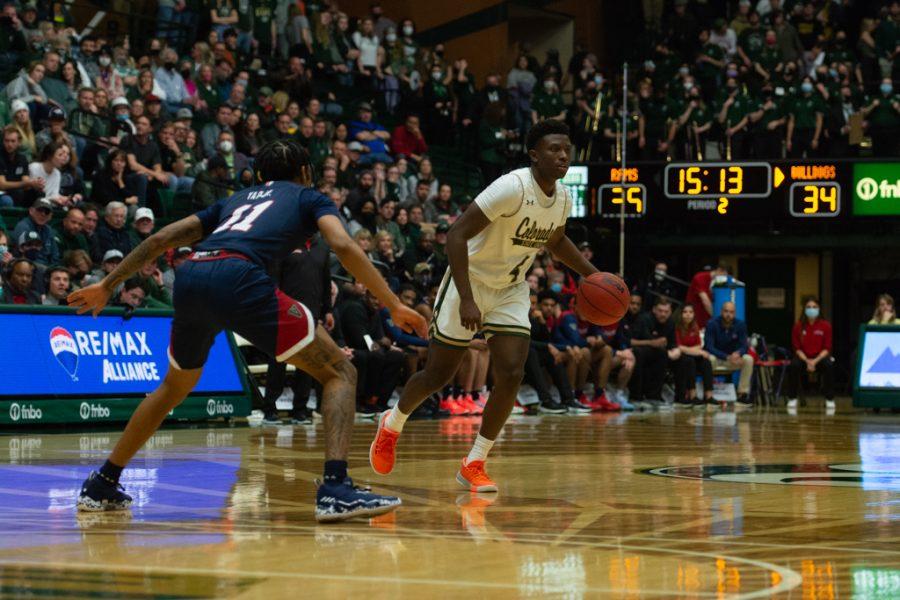 Colorado State guard Isaiah Stevens (4) looks to pass the ball during the men's basketball game against California State, Fresno Feb. 11, 2022