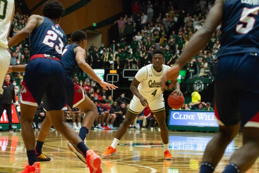 Colorado State guard Isaiah Stevens (4) looks to pass the ball during the mens basketball game against California State, Fresno Feb. 11, 2022