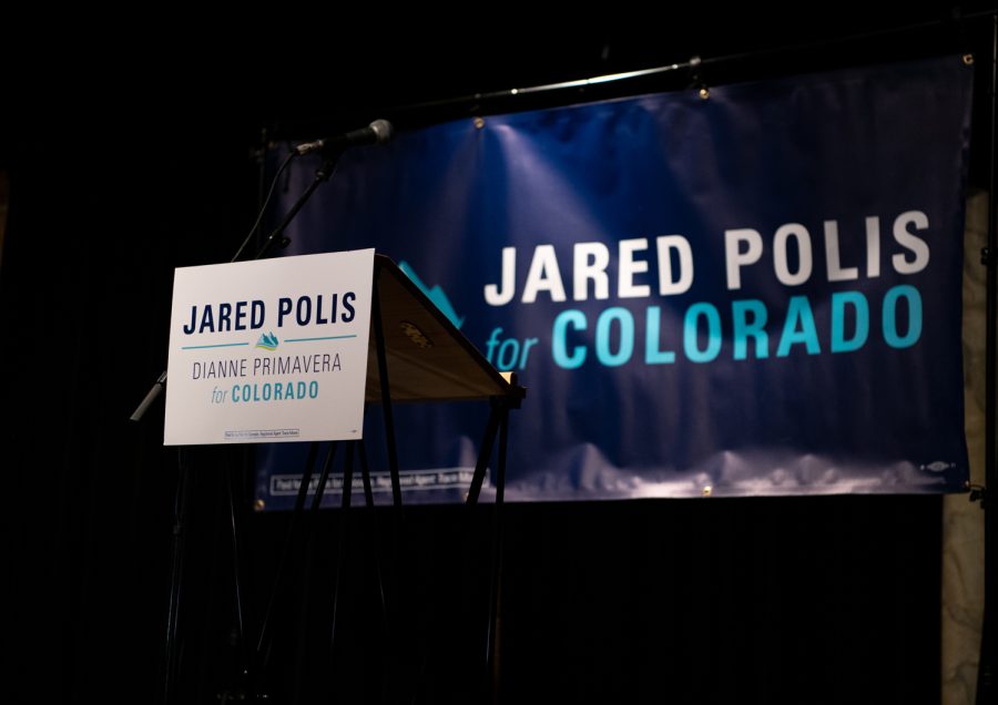 A podium in Avogadros Number is set up in preparation for one of Gov. Jared Polis’s re-election campaign speeches Feb. 18.