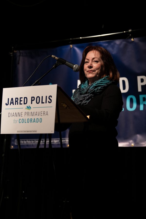 Lt. Gov. Dianne Primavera speaks in front of Fort Collins residents at Avogadros Number, located at 605 S. Mason St., for Gov. Jared Polis’s re-election campaign Feb 18.
