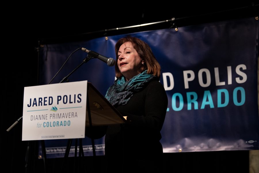 Lt. Gov. Dianne Primavera speaks in front of Fort Collins residents at Avogadros Number, located at 605 S. Mason St., for Gov. Jared Polis’s re-election campaign Feb 18.