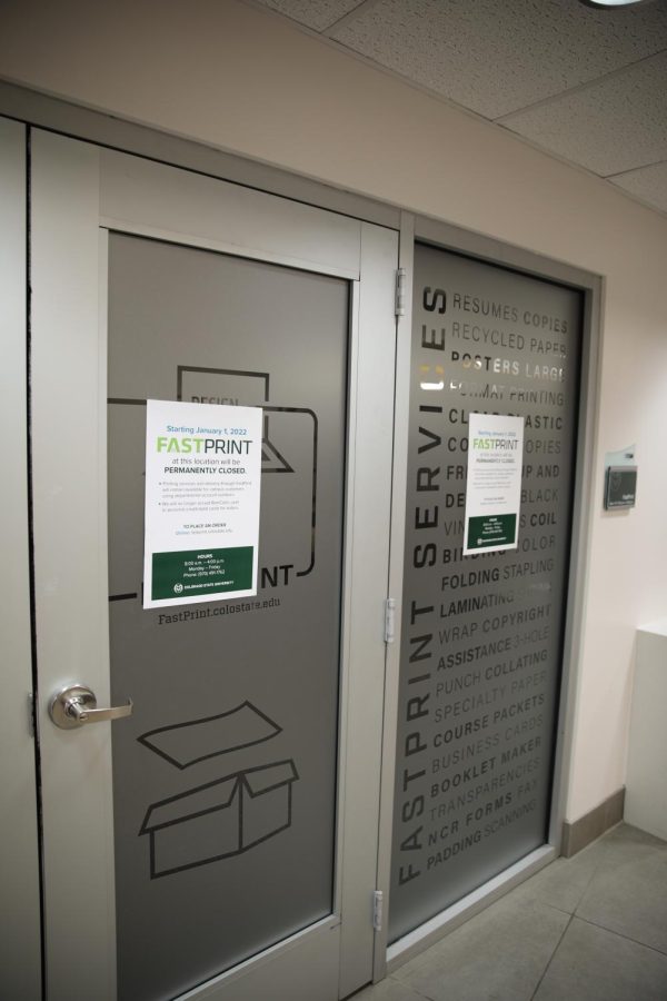 The FastPrint office, in the basement of the Lory Student Center, features signs that now announce that the service is closed permanently Feb. 15.