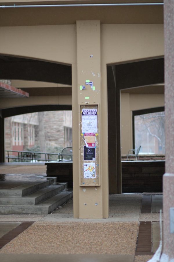 Flyers hang from a pillar between the Clark buildings.