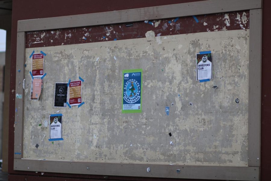 Flyers hang from a bulletin board on the side of the Clark A building.