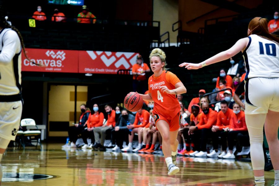 Mckenna+Hofschild+%284%29+Colorado+State+Rams+womens+basketball+guard+on+offense+dribbling+down+the+court+with+the+ball+during+a+home+game+against+the+Utah+State+Aggies