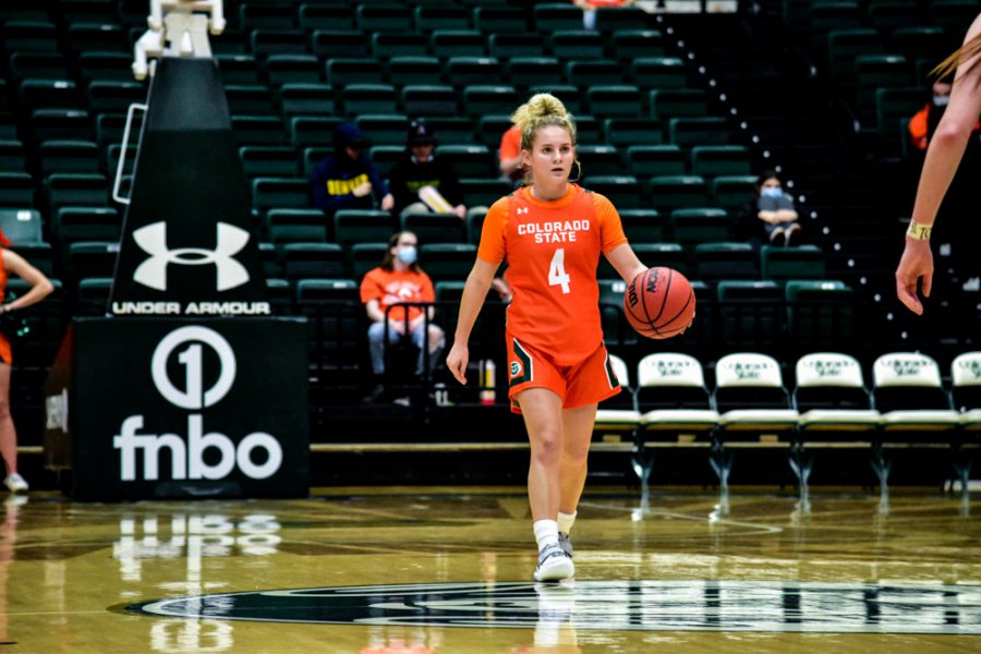 Mckenna Hofschild (4) Colorado State Rams women's basketball guard dribbling the ball down court during a home game against the Utah State Aggies.