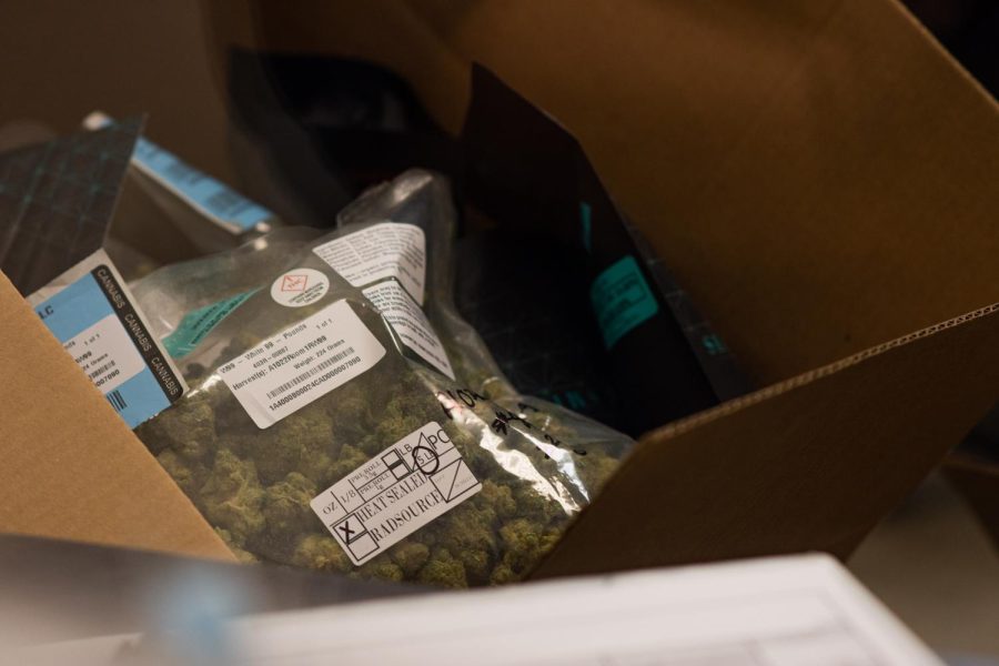 A five-pound bag along with other marijuana products ready for sale at Seed & Smith in Denver, Colorado