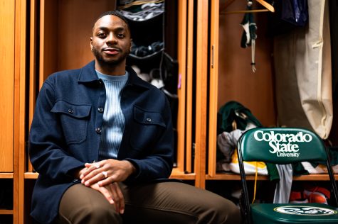 Colorado State University men’s basketball guard, Chandler Jacobs (13) in the locker room in Moby arena in Fort Collins, CO