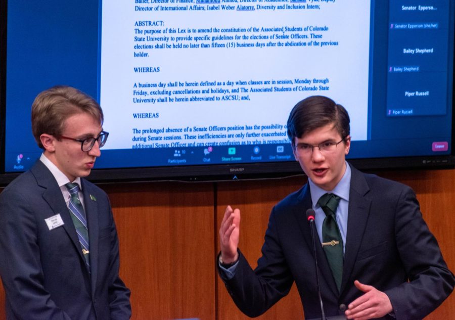 Rob Long, Senator for the College of Business, and Stephen Laffey, former Senator for the college of Liberal Arts, present an amendment at the Associated Students of Colorado State University March 9, 2022.