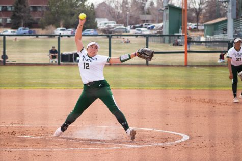 Junior pitcher, Julia Cabral (12) winding up for a pitch in the second game of Colorado State vs. San Jose State University on Mar. 26.