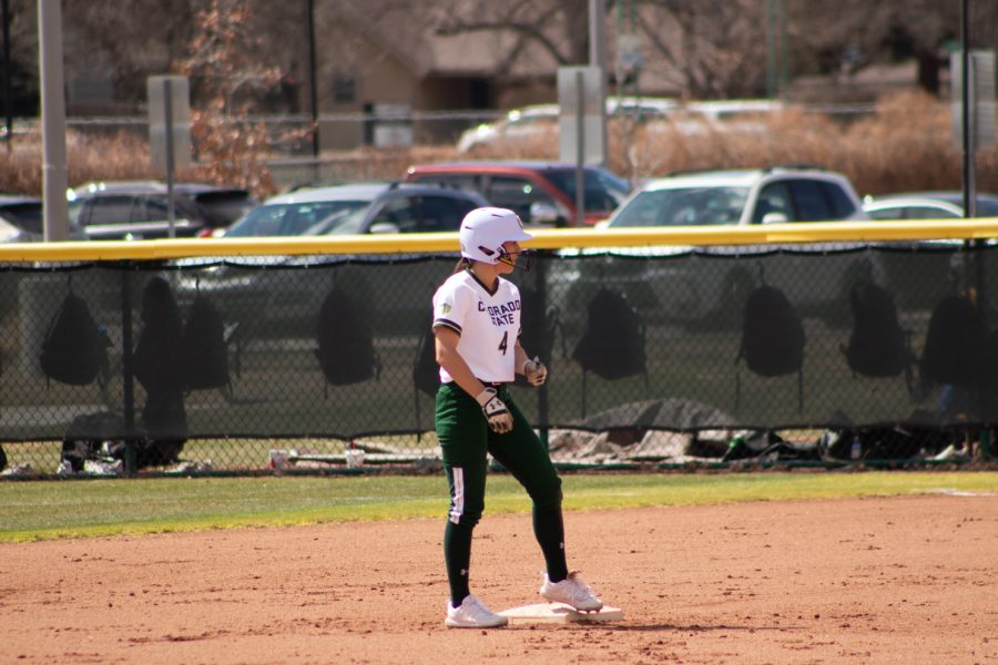 Ashley Michelena (4) standing on the second base during the second game of Colorado State vs. San Jose State University game on Mar. 26.