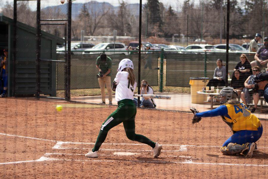 Makenna Mcvay (19) swinging at a ball during the second game of Colorado State vs. San Jose State University.