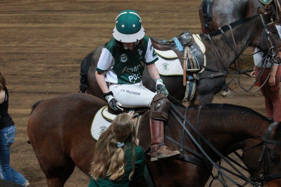 A rider has one of the members check the girth of the horse to make sure it is tight enough.