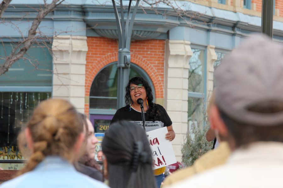 Trisha Garcia Nelson speaks to the crowd during the climate strike in Old Town Fort Collins.