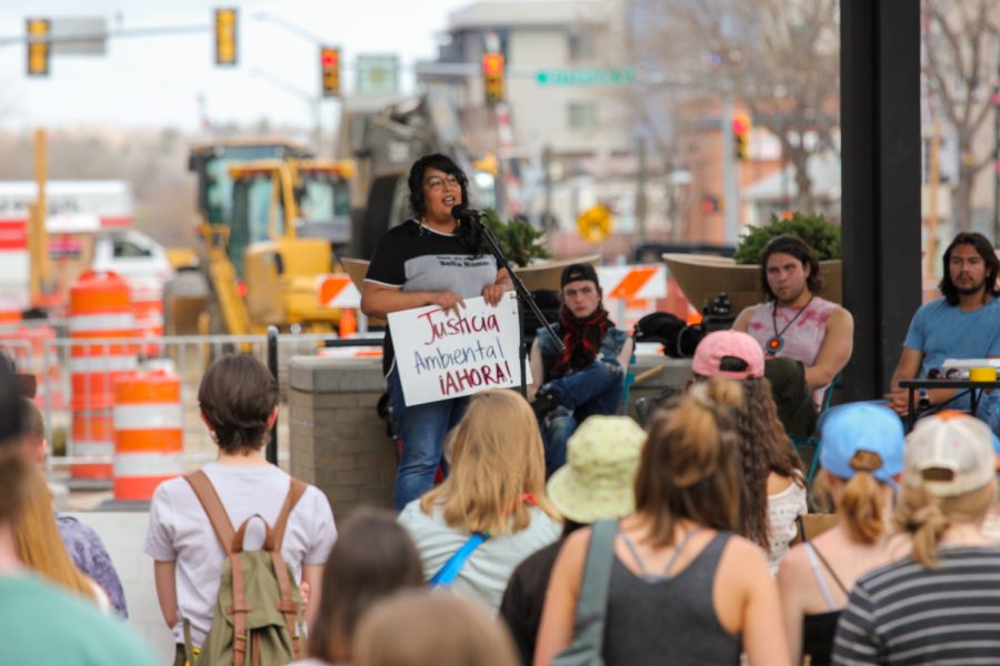 Trisha Garcia Nelson speaks to the crowd during the climate strike.