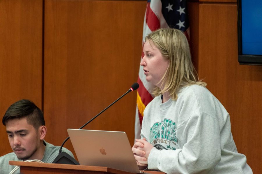 Associated Students of Colorado State University Chief Justice Erin Freeman explains to the senate that the Supreme Court is in the process of seeing five questions at the meeting March 30, 2022.