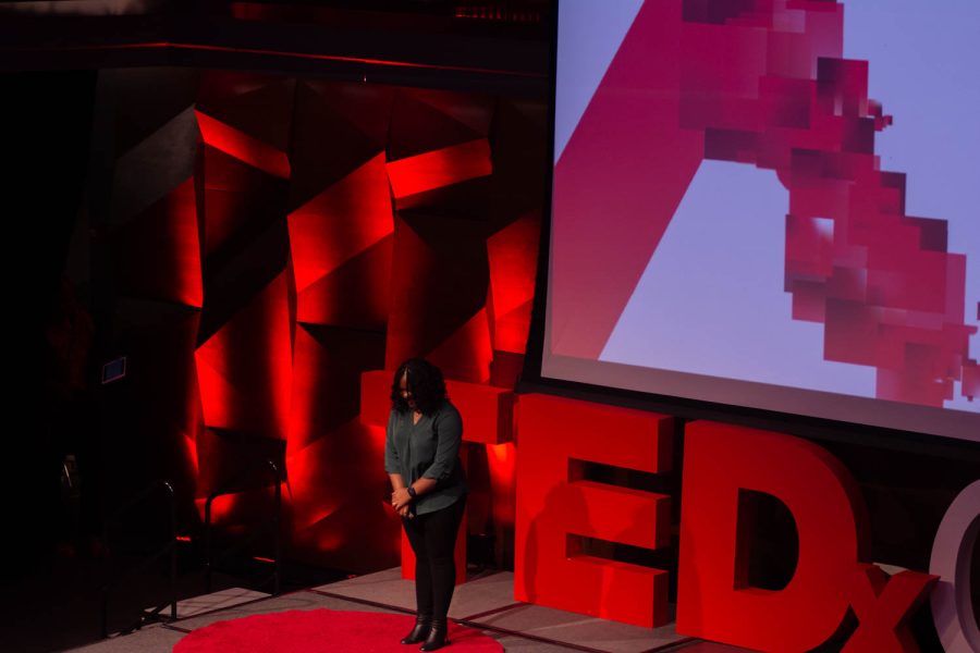 Joy Enyinnaya a Ph.D. candidate in the department of Journalism and Media Communication at Colorado State University speaks at the TedxCSU event Mar. 5, 2022.