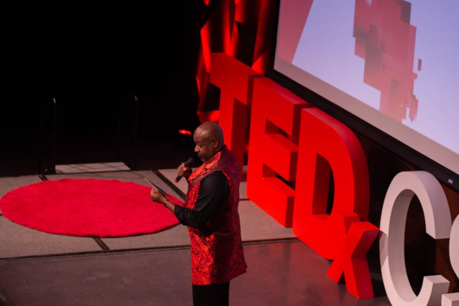 Kyle Oldham energetically hosts the TedxCSU event Mar. 5, 2022. The TedxCSU event was held in the Lory Student Center.