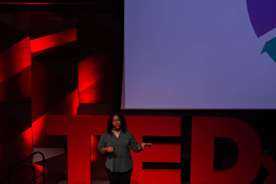 Joy Enyinnaya a Ph.D. candidate in the department of Journalism and Media Communication at Colorado State University speaks at the TedxCSU event Mar. 5, 2022.