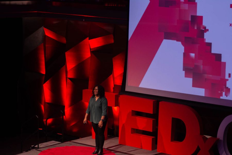 Joy Enyinnaya a Ph.D. candidate in the department of Journalism and Media Communication at Colorado State University speaks at the TedxCSU event Mar. 5, 2022.