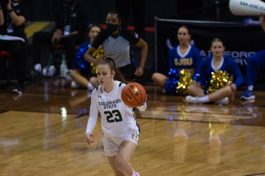 Colorado State University Anna Prim (23) on offense against San Jose Spartans during the first game of the Mountain West Tournament Mar. 6, 2022.