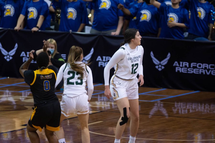 Colorado State University Anna Prim (23) and Carla Gomez on offense together against San Jose Spartans during the first game of the Mountain West Tournament Mar. 6, 2022.