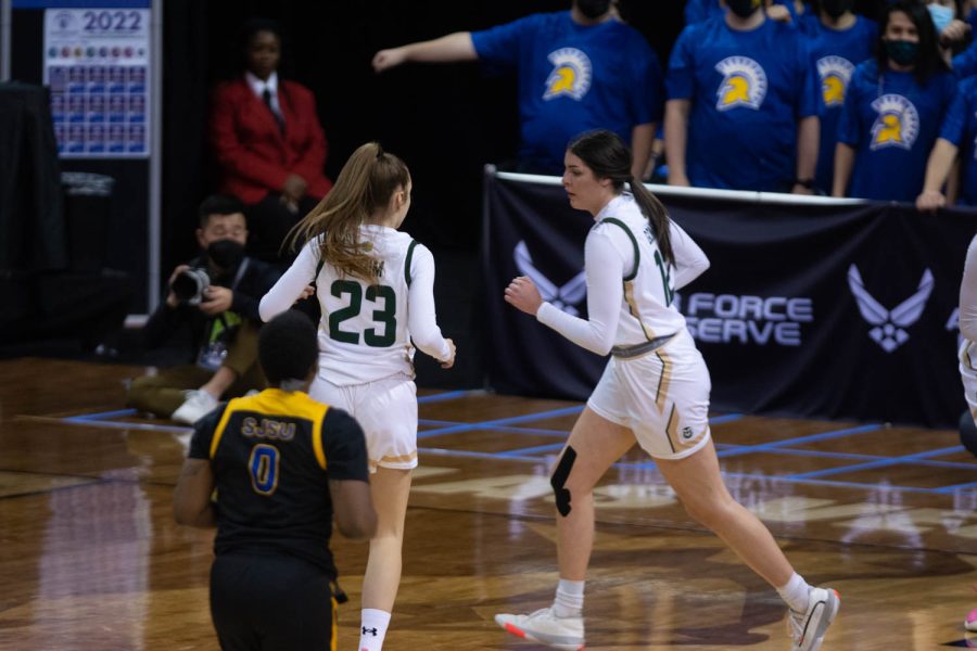 Colorado State University Anna Prim (23) and Carla Gomez on offense together against San Jose Spartans during the first game of the Mountain West Tournament Mar. 6, 2022.