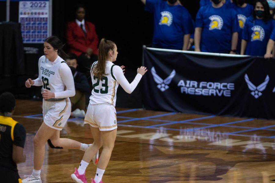 Colorado State University Anna Prim (23) and Carla Gomez on offense together against San Jose Spartans during the first game of the Mountain West Tournament Mar. 6, 2022.