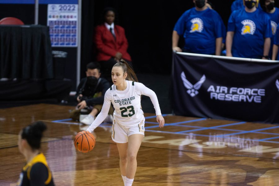 Colorado State University Anna Prim (23) on offense against San Jose Spartans during the first game of the Mountain West Tournament Mar. 6, 2022.