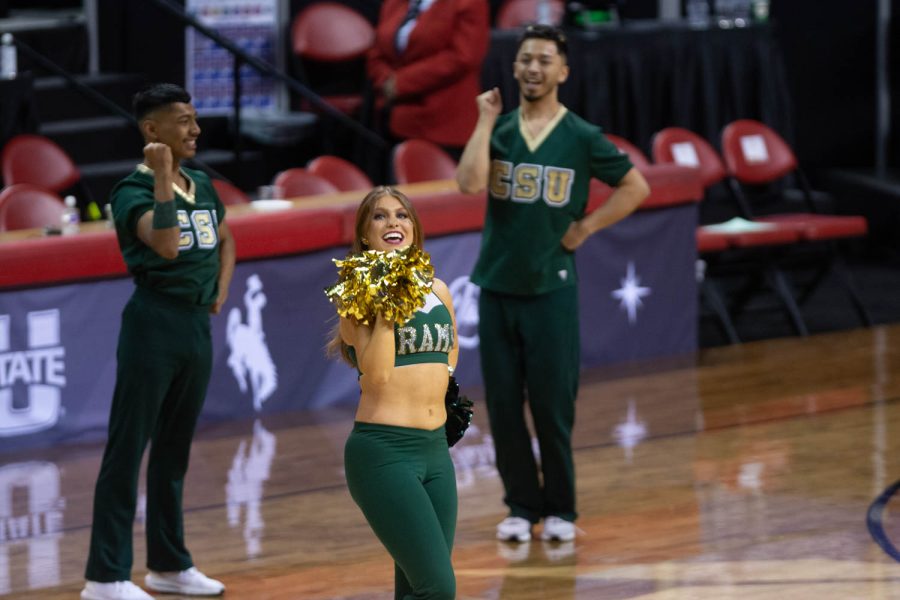 Colorado State Cheerleaders celebrate the Colorado State women's basketball team win against the San Jose Spartans at the Mountain West Tournament in Las Vegas NV Mar. 6, 2022.