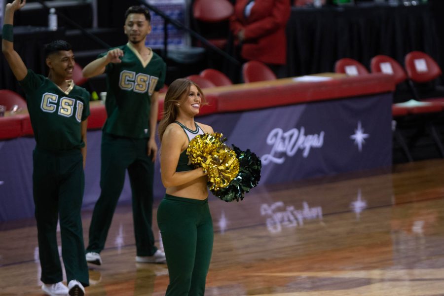 Colorado State Cheerleaders celebrate the Colorado State women's basketball team win against the San Jose Spartans at the Mountain West Tournament in Las Vegas NV Mar. 6, 2022.