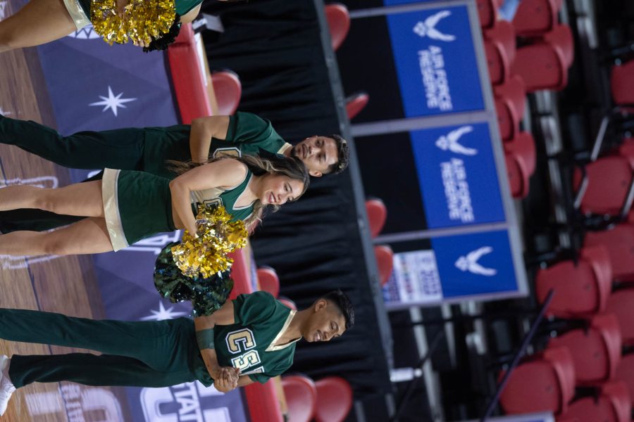 Colorado State Cheerleaders celebrate the Colorado State women's basketball team win against the San Jose Spartans at the Mountain West Tournament in Las Vegas NV Mar. 6, 2022.