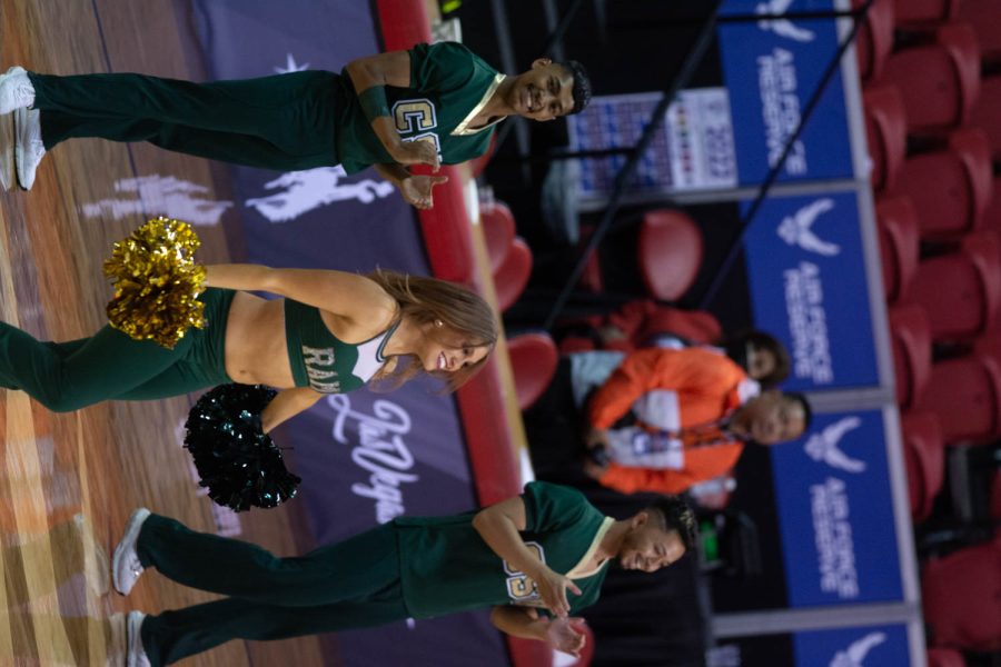 Colorado State Cheerleaders celebrate the Colorado State women's basketball team win against the San Jose Spartans at the Mountain West Tournament in Las Vegas NV Mar. 6, 2022.