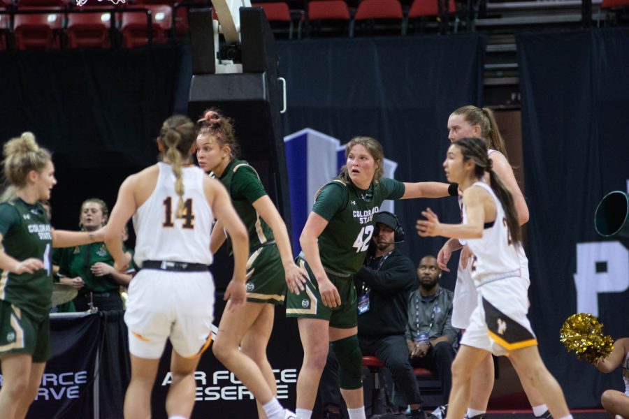 Colorado State University Rams take on the University of Wyoming Cowgirls in a close game at the Thomas and Mac Center in Las Vegas NV Mar. 7, 2022.